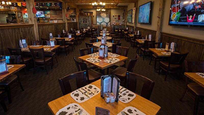 Dining room with many set tables