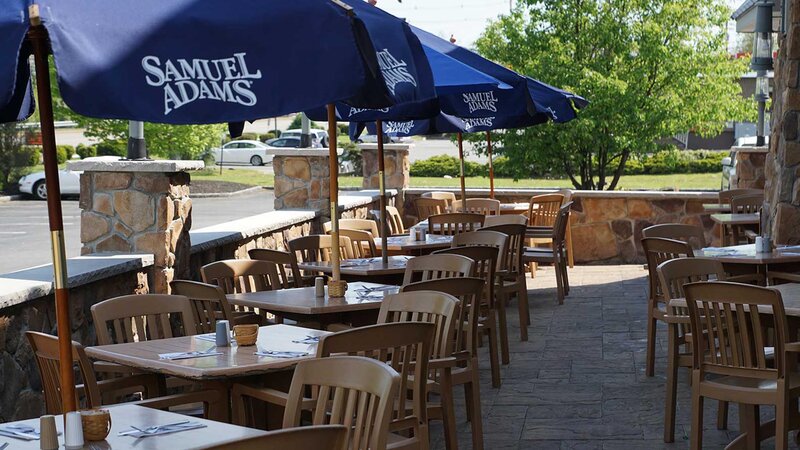 Outdoor seating area with umbrellas